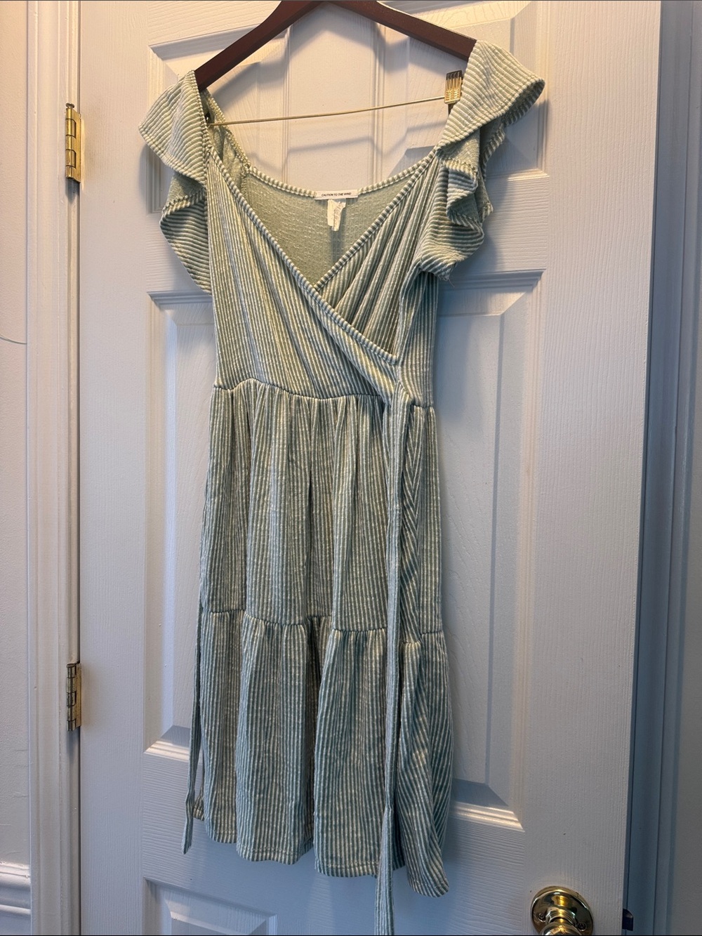 Caution To The Wind Sage Green Striped Ruffle Wrap Midi Dress